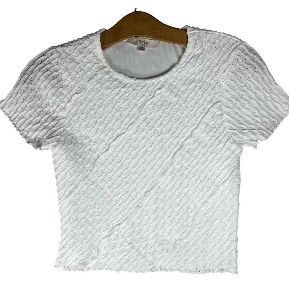 Atelier by Kirious Womens White Textured Eyelet Short Sleeve Top Crop M Coquette
